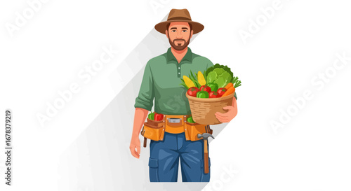 Farmer holding basket of freshly harvested produce with a joyful smile