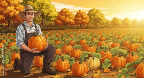 Farmer holding a pumpkin in the field during autumn harvest time day