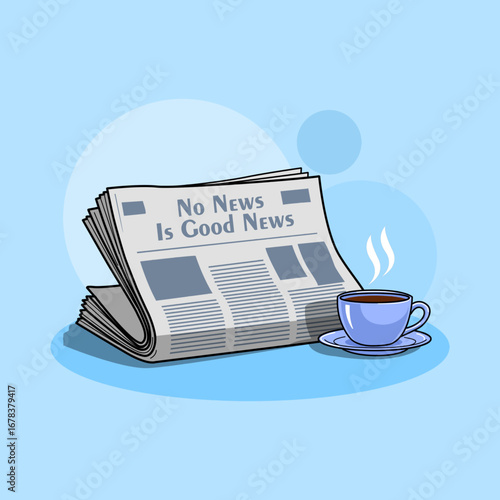 A newspaper with a cup of coffee on a sky-blue background. Perfect for celebrating No News is Good News Day on September 11th.