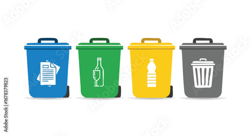 Vibrant vector illustration showcasing separate recycling bins for paper, glass, plastic, and general waste encouraging environmental sustainability