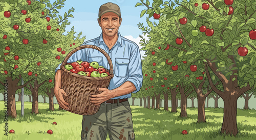 Happy farmer harvests apples in orchard, holding brimming basket of fruit