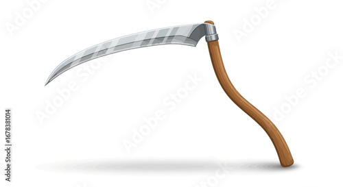 Illustrated scythe with wooden handle and metallic blade on white background