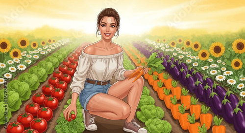 Illustrated woman harvesting fresh vegetables in a flourishing garden scene