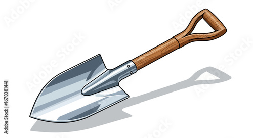 Illustration of a garden shovel with a wooden handle on white background
