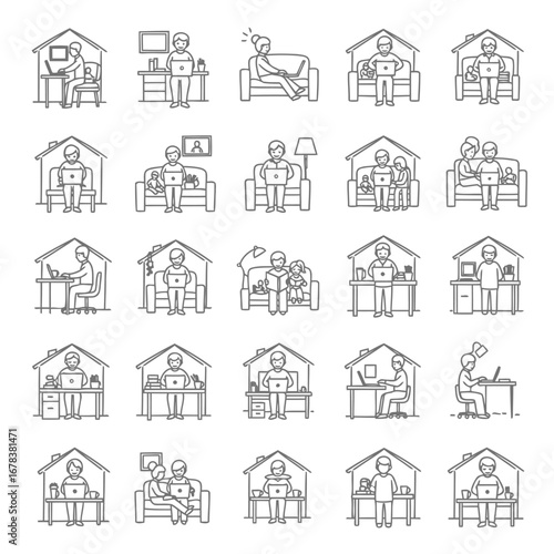 A collection of line art illustrations depicting various people working from home in different settings and poses.