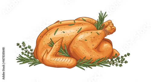 Illustration of a seasoned roasted turkey, garnished with fresh herbs, on a clean white background