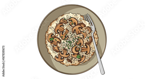Mushroom Risotto Plate Served with Fork, Depicting Delicious Italian Cuisine and Fresh Herbs, an Artful Food Illustration Suitable for Culinary