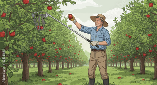 Illustration of a serene apple orchard with a man harvesting ripe apples