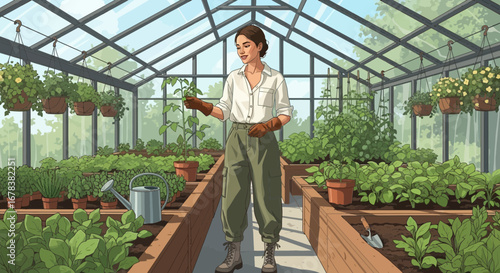 Illustration of a woman tending to plants in a glasshouse garden oasis