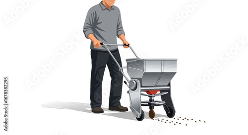 Illustration of person fertilizing lawn with push fertilizer spreader machine