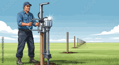 Illustrative agricultural worker installing fence post with specialized tool