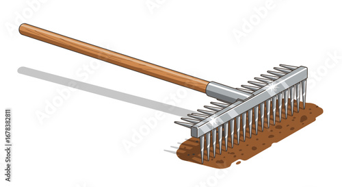 Illustrative Rake in Action, Ideal for Gardening and Landscaping Projects