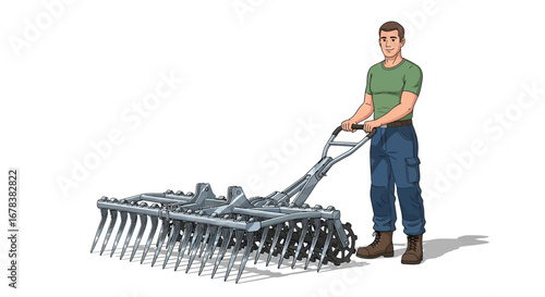 Illustrative farmer with a field cultivator for soil tillage and preparation