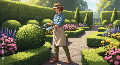 Illustrative portrayal of a female gardener at work in a manicured topiary garden