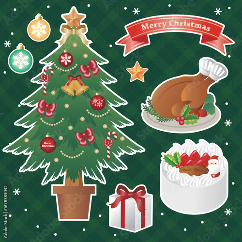 christmas　クリスマス　クリスマスツリー　ローストチキン　パーティー　料理　イラスト素材
