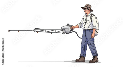Man operating a specialized sprayer, illustration against a clear background