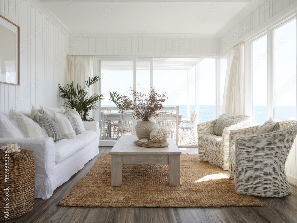 custom made wallpaper toronto digitalA bright, airy living room with white furnishings and natural accents, showcasing ocean views and a tranquil atmosphere.