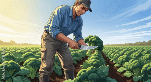 Mature farmer cutting organic broccoli in cultivated field artwork style