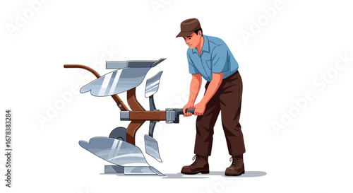 Manual plowing farmer using classic agricultural tool, vintage style vector