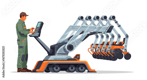Operator controls futuristic autonomous agricultural machinery with precision