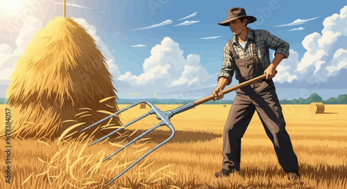 Retro styled farmer working with pitchfork on golden field illustration