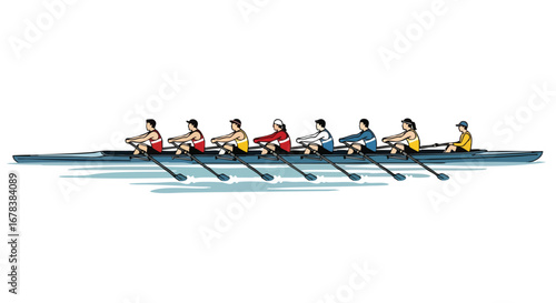 Synchronized strokes: A crew team powering through the water in a seamless display of athleticism and collaboration achieving peak performance with