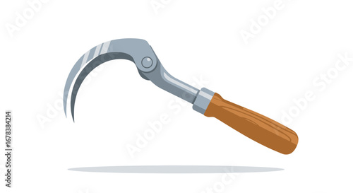 Simple Illustration of a Sharp Japanese Sickle with Wooden Handle Isolated