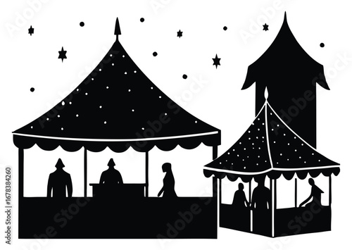 Black and white vector drawing of a carnival or bazaar at night