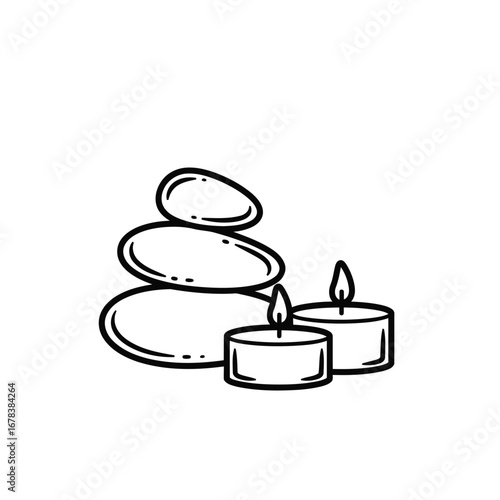 A simple line drawing of a stack of smooth stones next to two lit tea light candles, evoking a sense of calm and relaxation.
