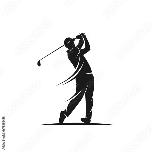 Silhouette of a golfer in action, swinging a golf club.