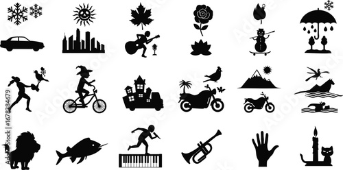 Silhouette vector icons collection with snowflakes, lion, flower, candle, car, guitar, mountain, cat, cityscape, bird, motorcycle, music, tree