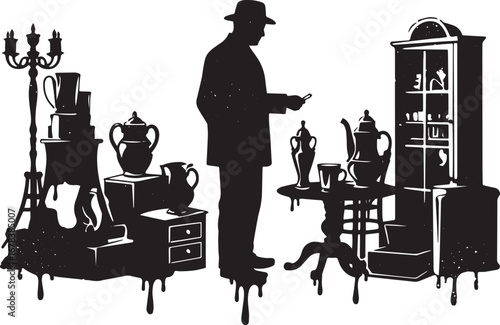 Silhouetted man browsing an array of vintage items in an antique