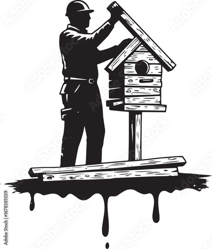 Crafting a shelter silhouette: man building a birdhouse with met