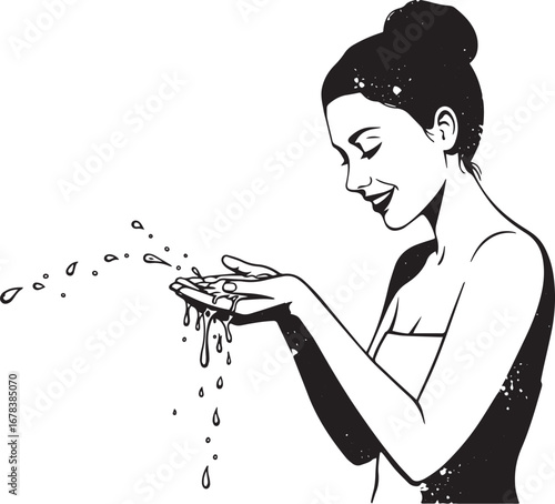 Woman refreshing her face with water, conveying a sense of purit