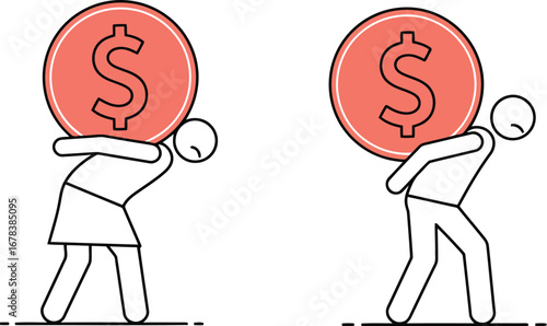 People carrying heavy coins financial burden