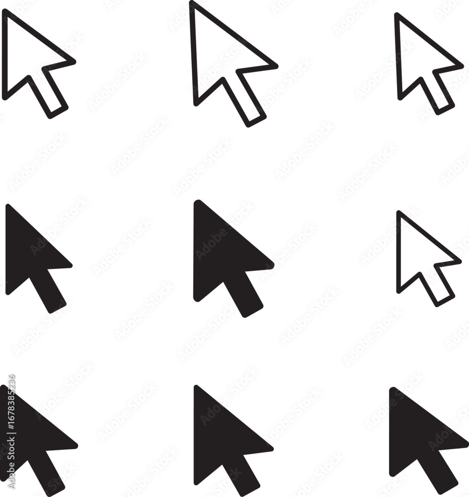 Collection of Arrow Cursor Icons in Various Styles and Fill States