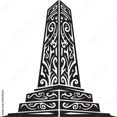 Intricate tribal monument silhouette, artistic architectural sym