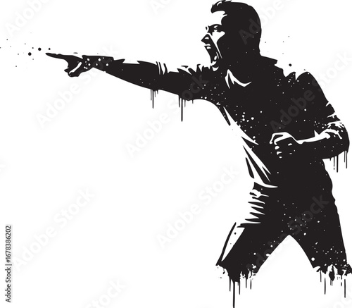 Aggressive Silhouette: Man Pointing with Forceful Emotion in Bla