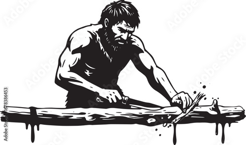 Monochrome illustration of a bearded man carving wood with a kni