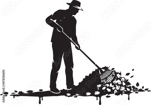 Monochromatic autumn: a farmer meticulously gathering fallen lea