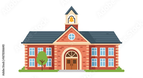 Flat vector illustration of a school building with bell tower and symmetrical design embodying education and learning in a simple style