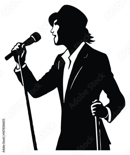 Elegant male singer silhouette performing in a suit with a microphone stand