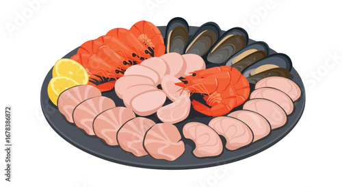 Fresh Seafood Delights: An Appetizing Platter of Shrimps, Mussels, Scallops, and Lemon Wedges Displayed on Dark Plate Offering a Delectable Experience