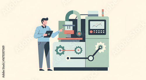 An engineer programming a CNC machine with a tablet. A flat vector illustration representing smart manufacturing, industrial automation, and technology