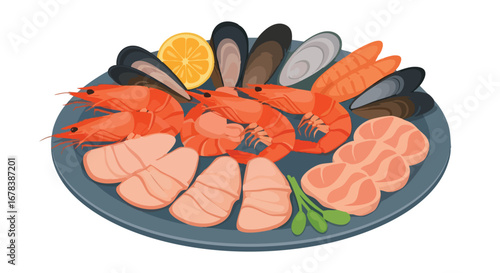 Delicious Seafood Platter Illustration Featuring Shrimp, Mussels, Salmon and a Slice of Lemon Arranged on a Grey Plate