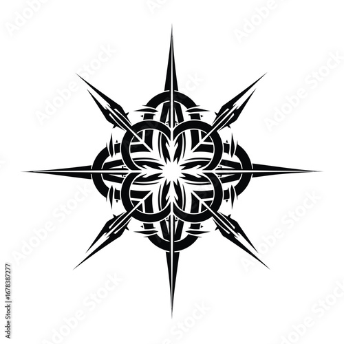 Detailed black and white graphic design featuring a complex, symmetrical, star-like pattern.