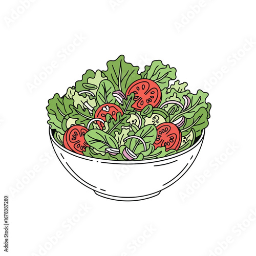 A vibrant and healthy salad in a white bowl, featuring lettuce, tomatoes, and spinach.