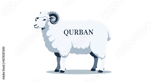 Eid al-Adha Illustration: Minimalist depiction of a ram symbolizing Qurban feast celebration occasion, on clean white isolated background with