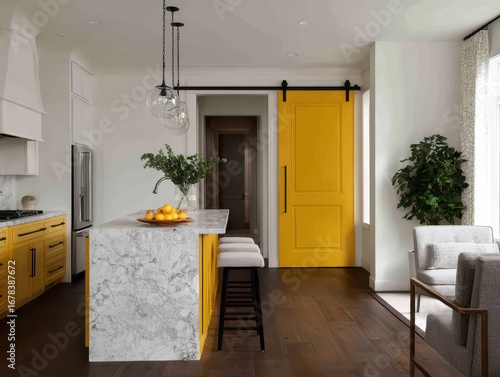A bright, modern kitchen boasts a striking yellow sliding barn door, accented by white cabinetry and a light gray quartz countertop.