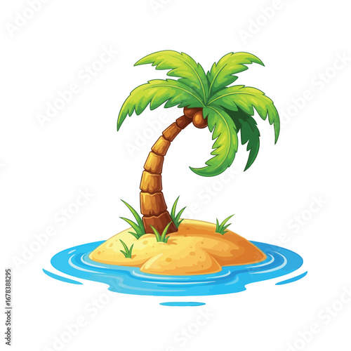 A vibrant cartoon illustration of a small tropical desert island featuring a single palm tree surrounded by blue water.